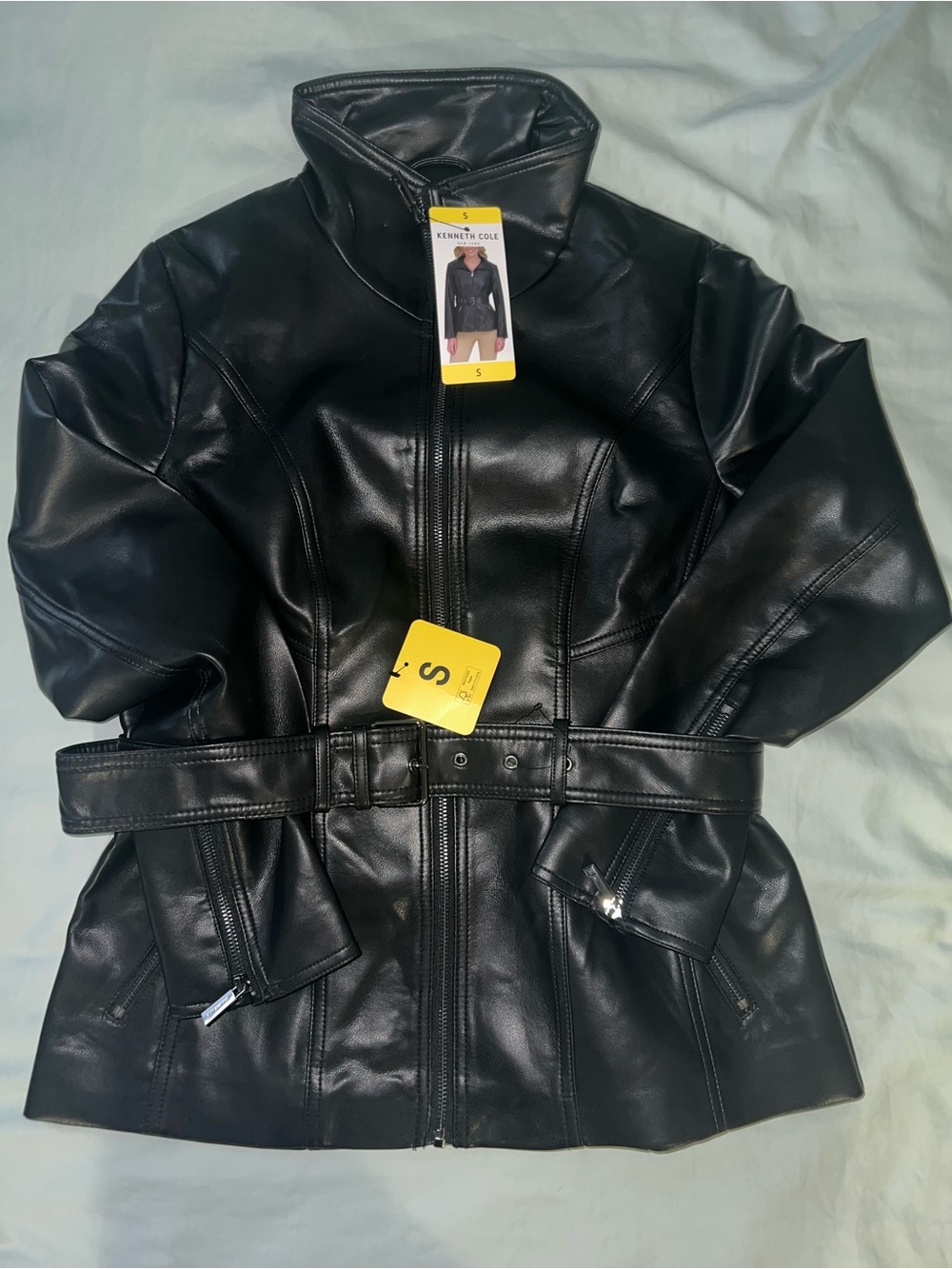 Kenneth Cole Black Faux Leather Belted Jacket - Women's